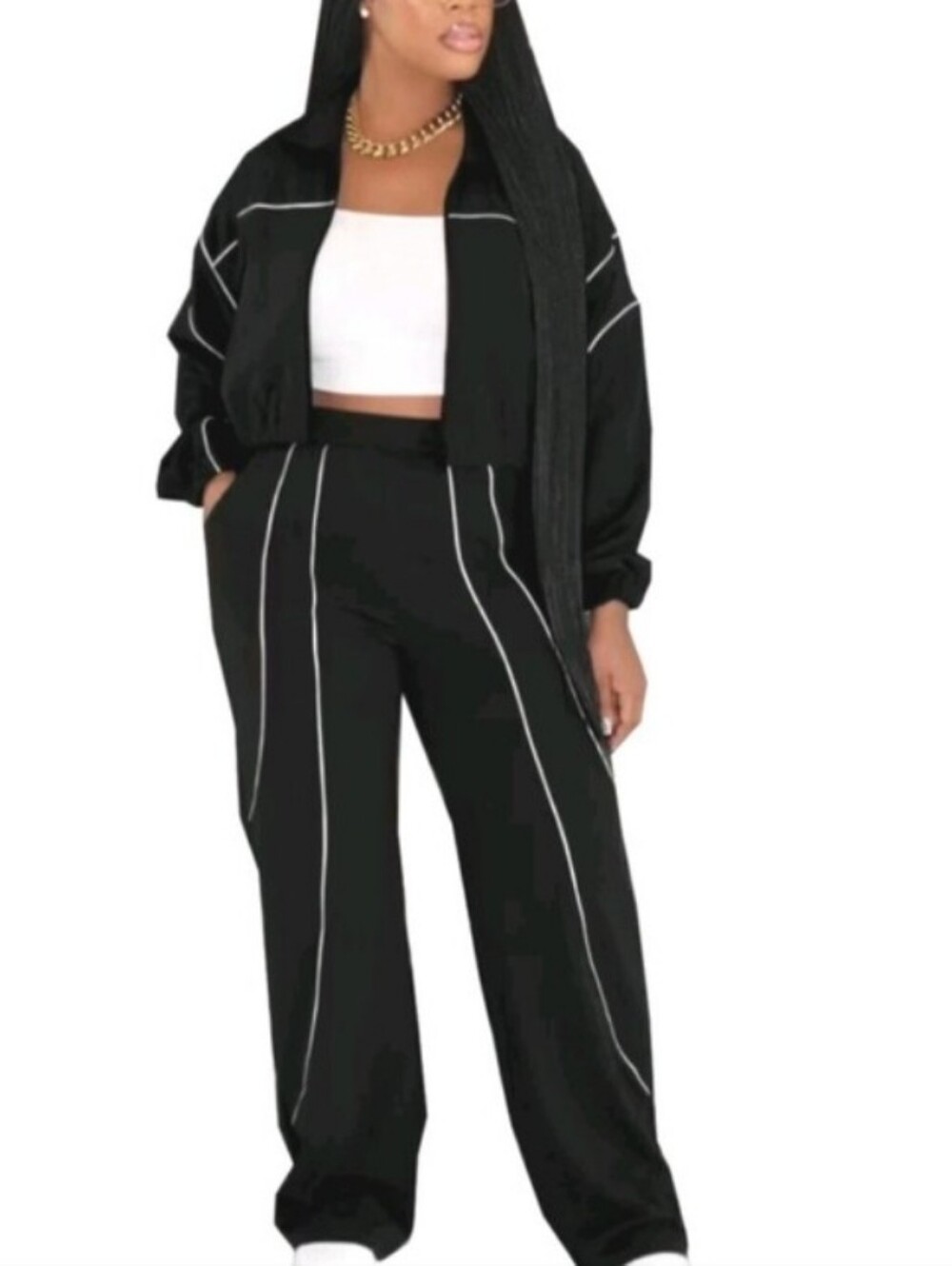 Black Pinstripe Wide-Leg Pants Set - Women Size Xxl
